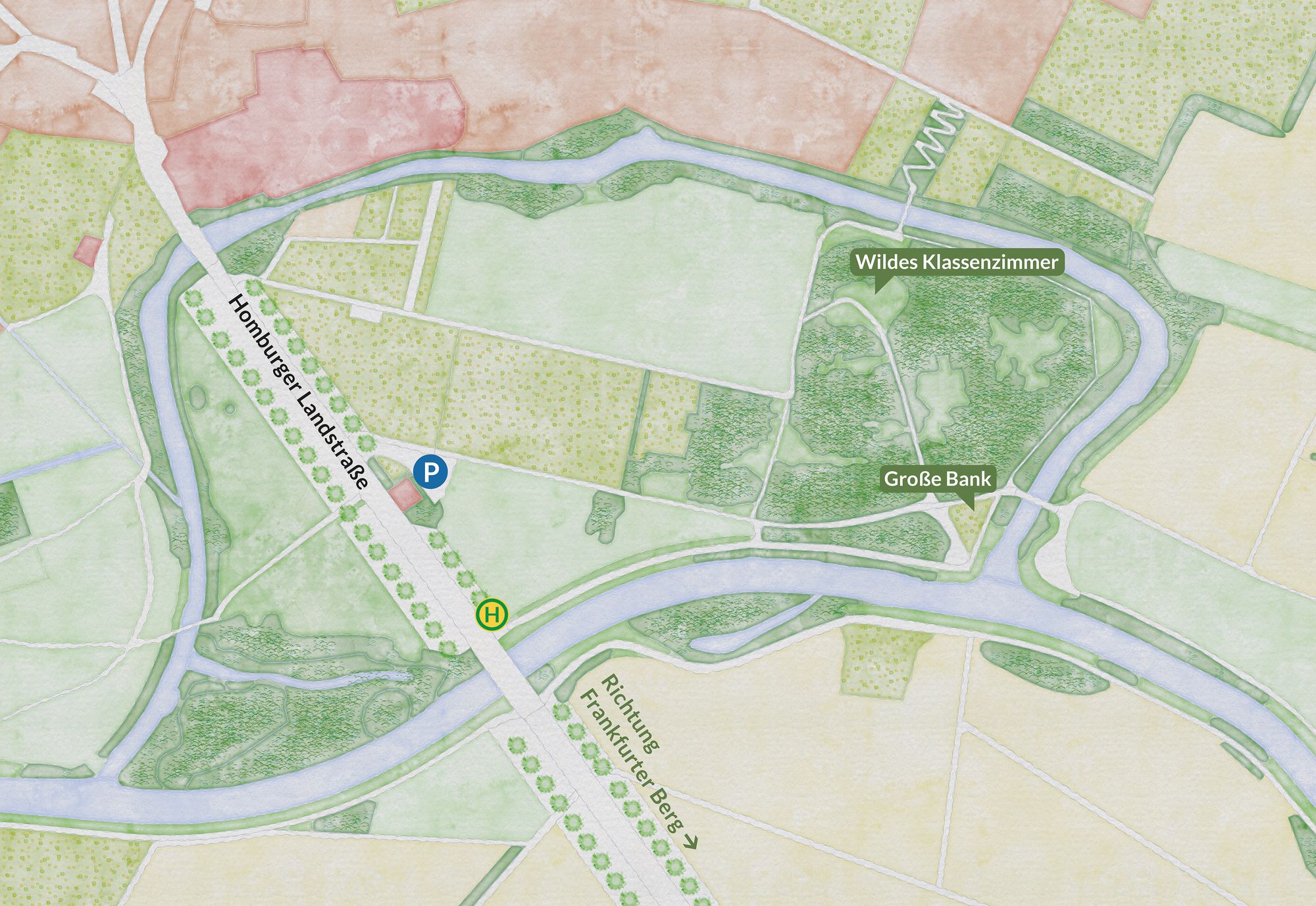 Der Nordpark Bonames mit einigen Geländemarken